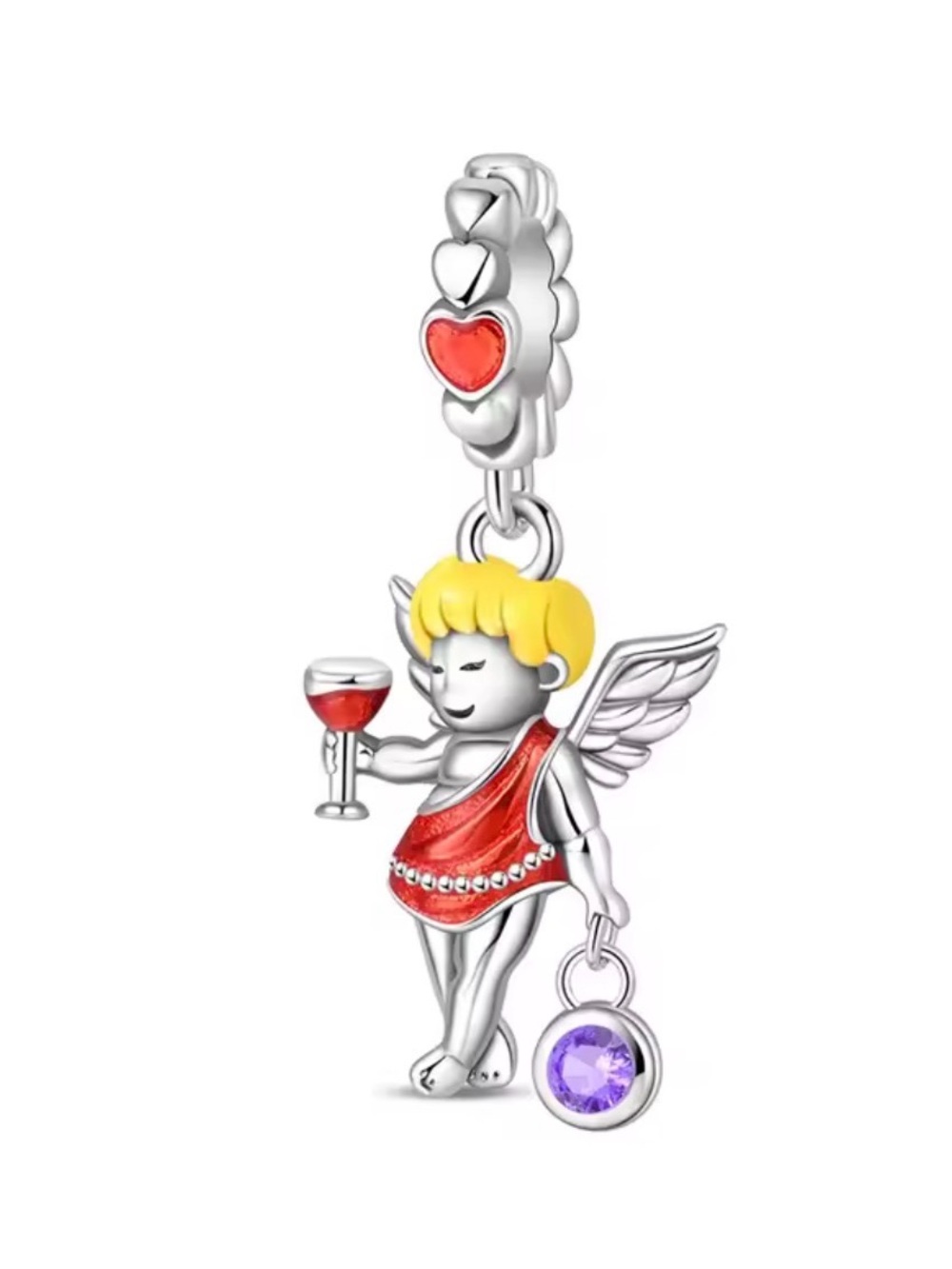 Silver Cupid Charm Pendant with Red and Purple Accents